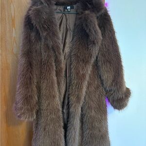 NYC Plush Faux Fur Long Coat in Deep Brown